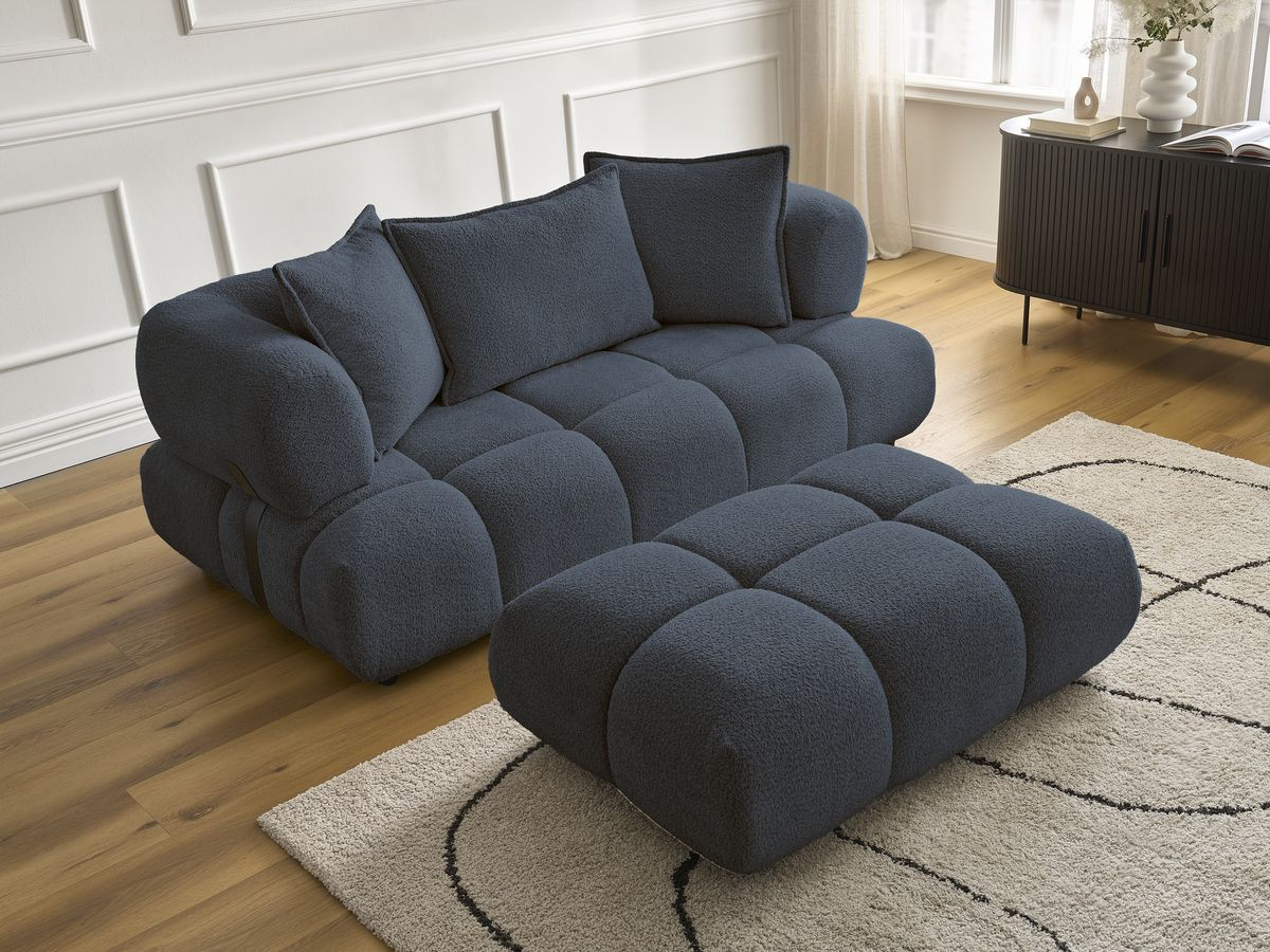 Bobochic Alya Sofa 2-Sitzer mit Pouf Bouclé-Stoff Dunkelblau
