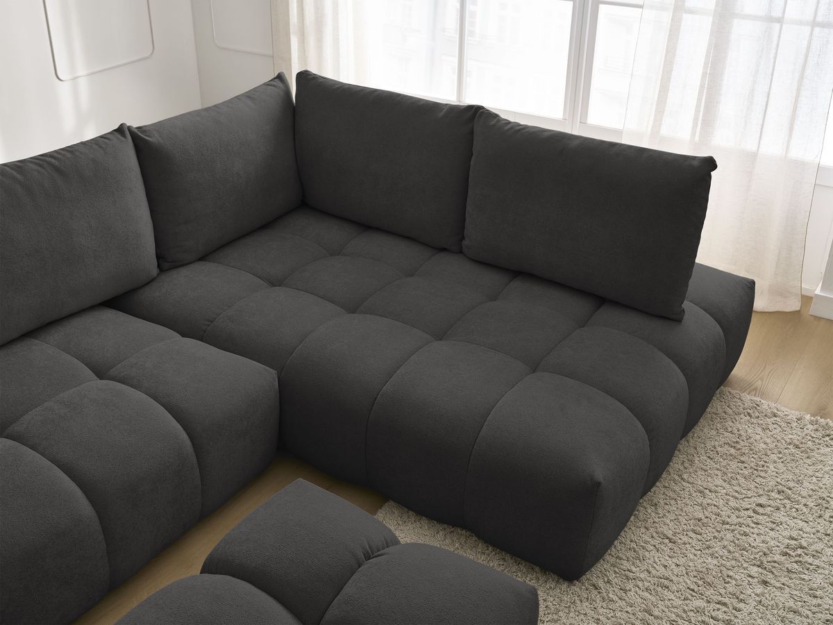 Bobochic Everest Ecksofa mit Schlaffunktion und Bettkasten und Pouf 320 × 212 cm, 5 Kissen Strukturstoff Schwarz Ecke rechts