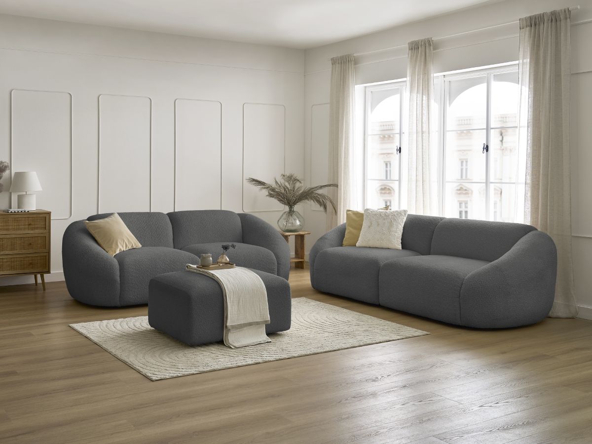 Bobochic Tina Sofa 6-Sitzer mit Pouf Bouclé-Stoff Dunkelgrau