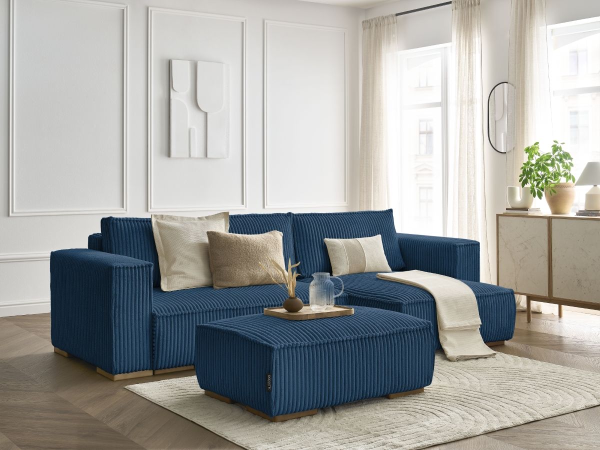 Bobochic Chelsea Ecksofa mit Schlaffunktion und Bettkasten und Pouf Breitcord weich Dunkelblau