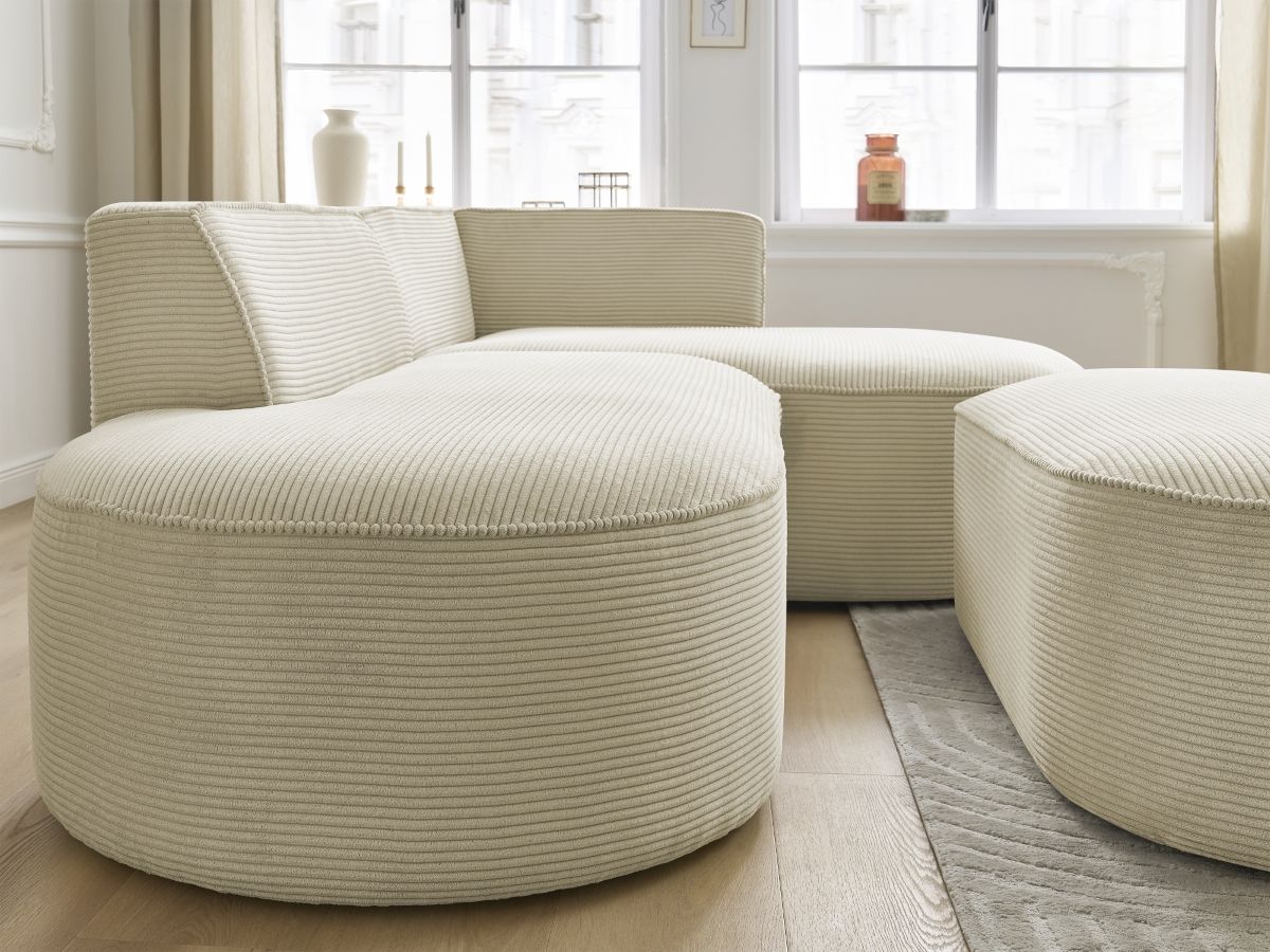 Bobochic Rousseau Ecksofa mit Pouf Cordsamt Beige Ecke rechts