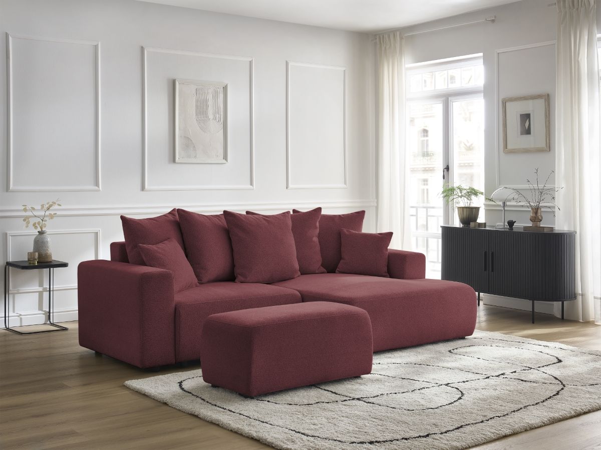 Bobochic Atilla Ecksofa mit Schlaffunktion und Bettkasten und Pouf Melange-Stoff Rot Ecke rechts