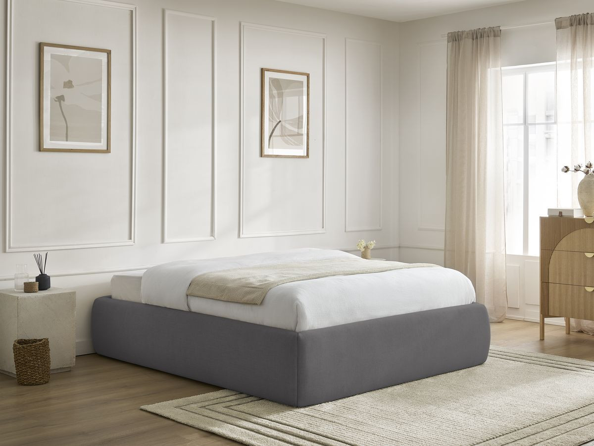Bobochic Inera Bettgestell mit Bettkasten, ohne Kopfteil Stoff Dunkelgrau, Liegefläche 160 × 200 cm