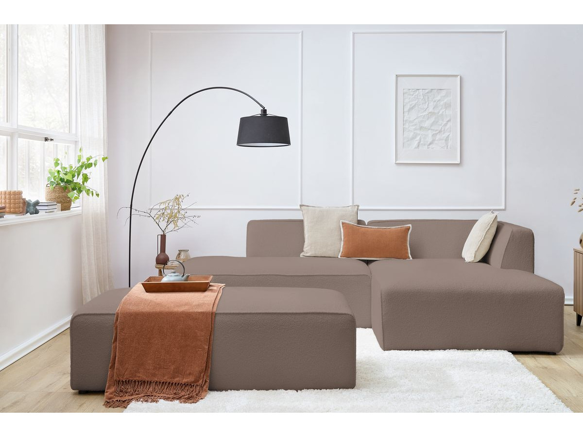 Bobochic Megeve Ecksofa mit Schlaffunktion und Pouf Bouclé-Stoff Braun Ecke rechts