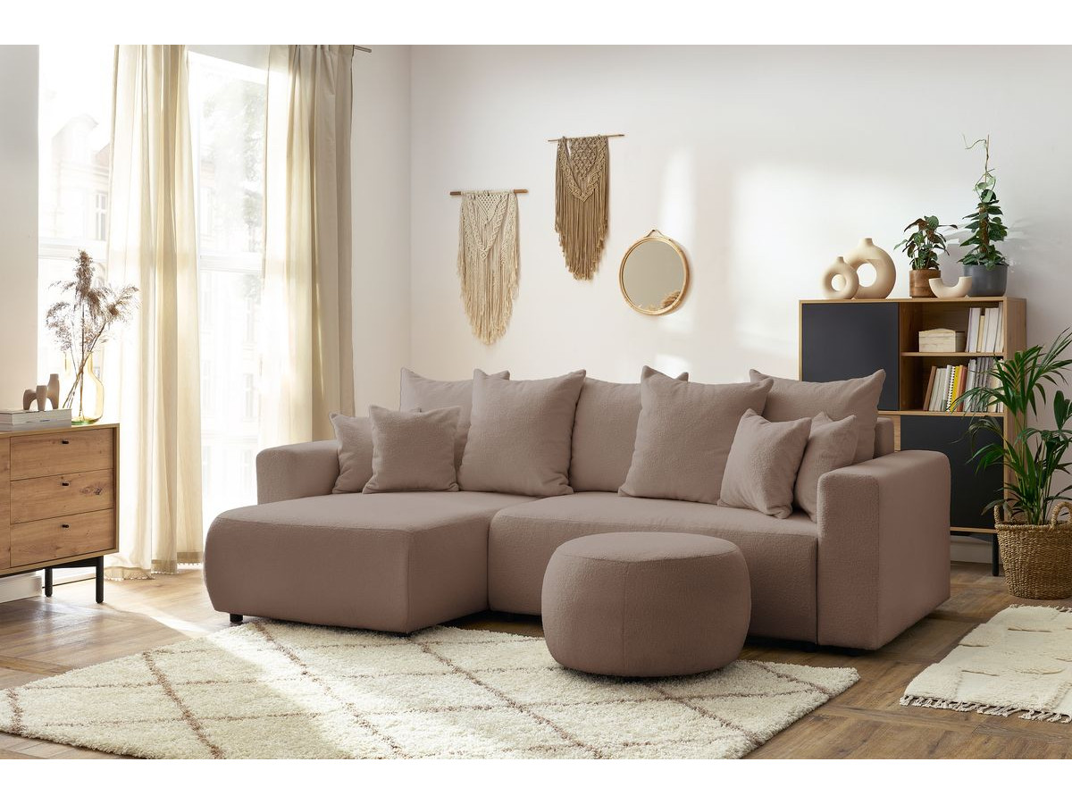 Bobochic Envy Ecksofa mit Schlaffunktion und Bettkasten und rundem Pouf Bouclé-Stoff Braun