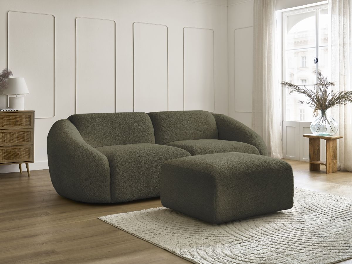 Bobochic Tina Sofa 4-Sitzer mit Pouf Bouclé-Stoff Grün