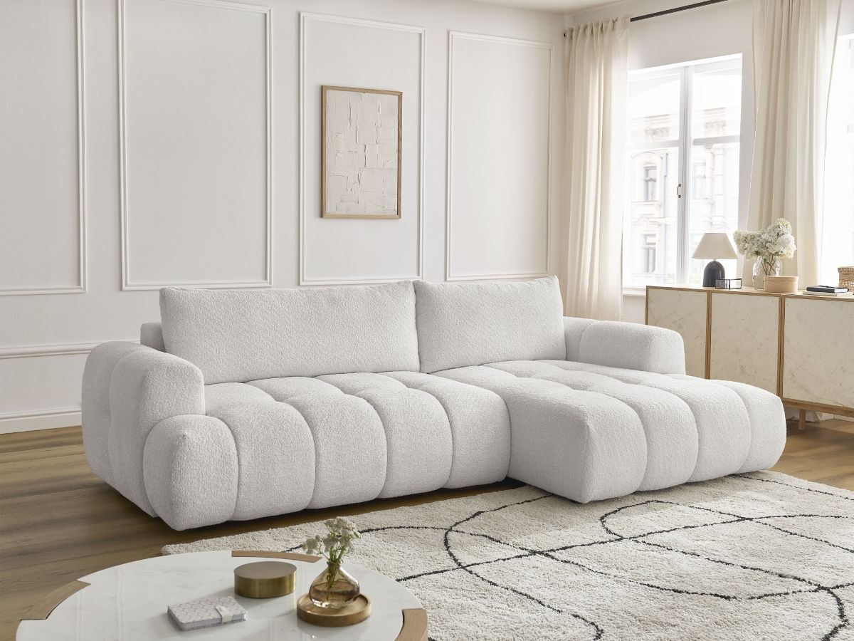 Bobochic Fuji Ecksofa mit Schlaffunktion und Bettkasten 292 × 160 cm Bouclé-Stoff Weiß Ecke rechts