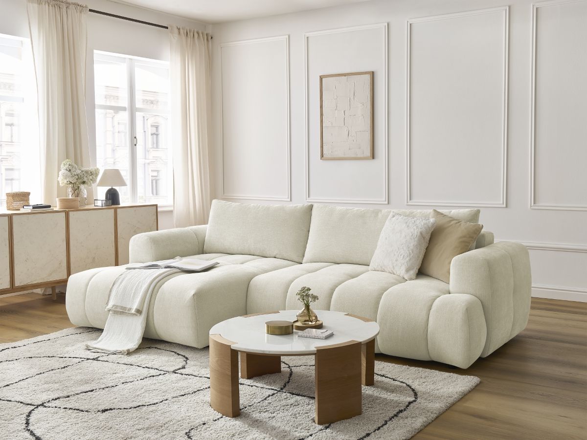 Bobochic Fuji Ecksofa mit Schlaffunktion und Bettkasten 292 × 160 cm Stoff Beige Ecke links