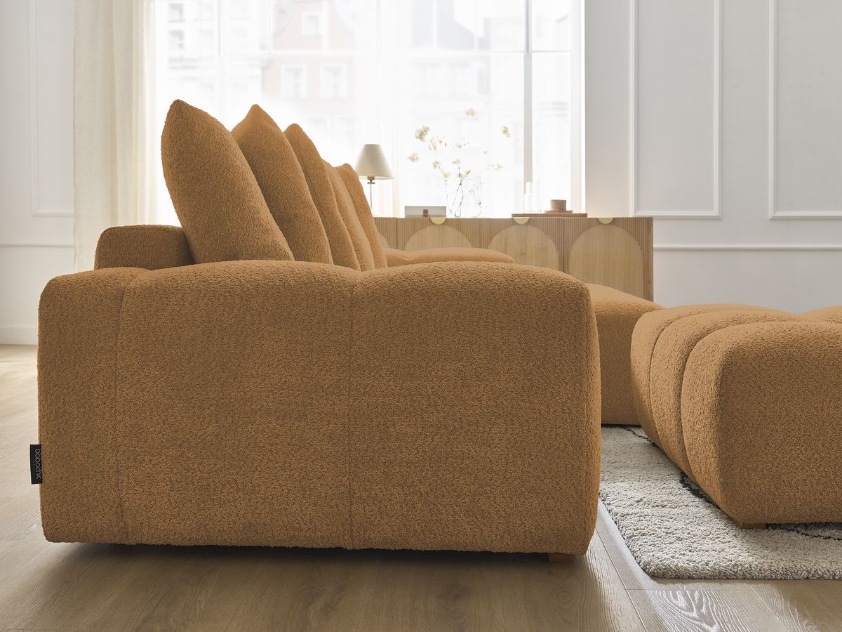 Bobochic Anakin Ecksofa mit Schlaffunktion und Bettkasten und Pouf, 6 Kissen Bouclé-Stoff Gelb