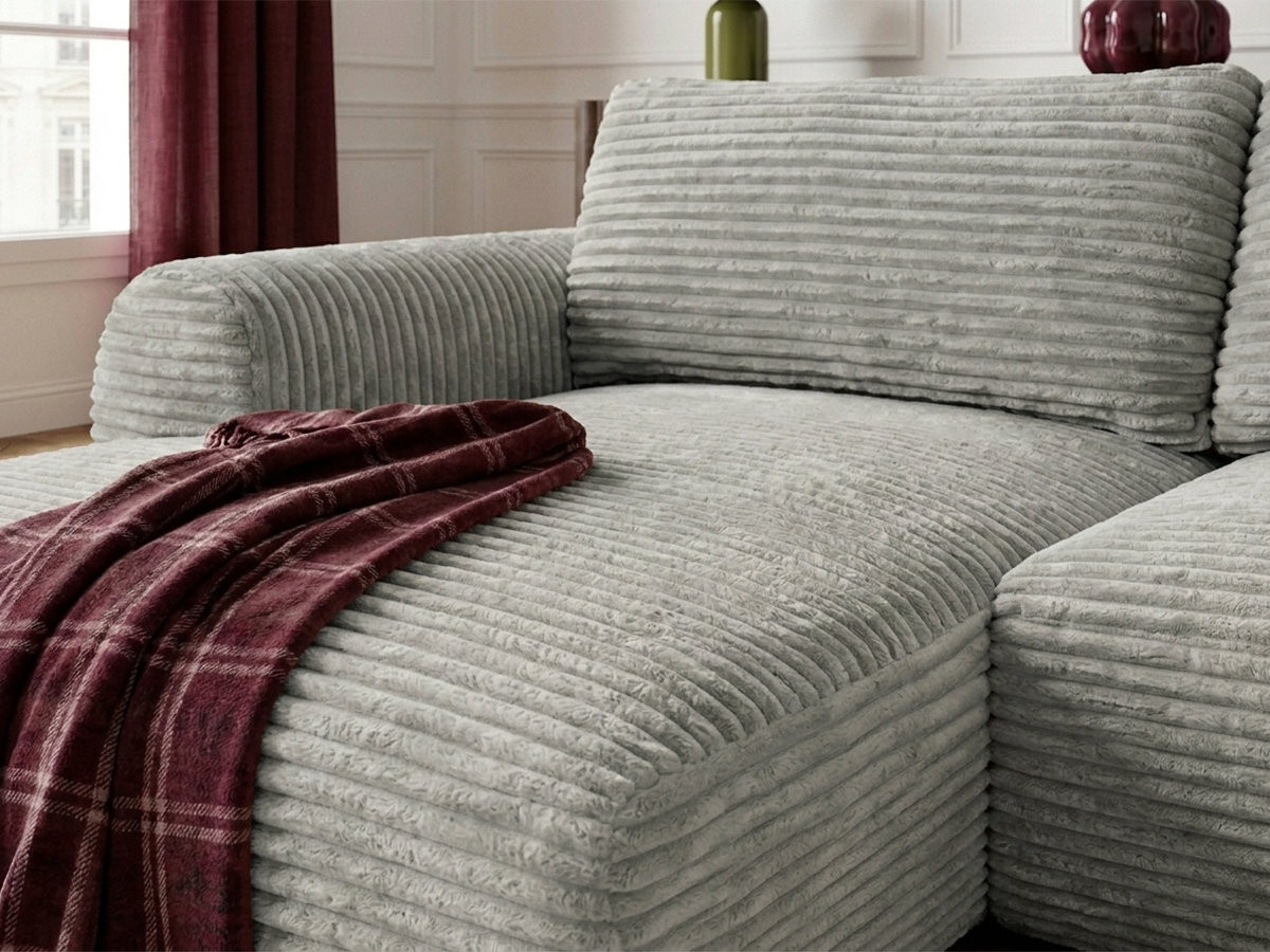 Bobochic Lucien Ecksofa mit Schlaffunktion und Bettkasten Breitcord weich Hellgrau Ecke links