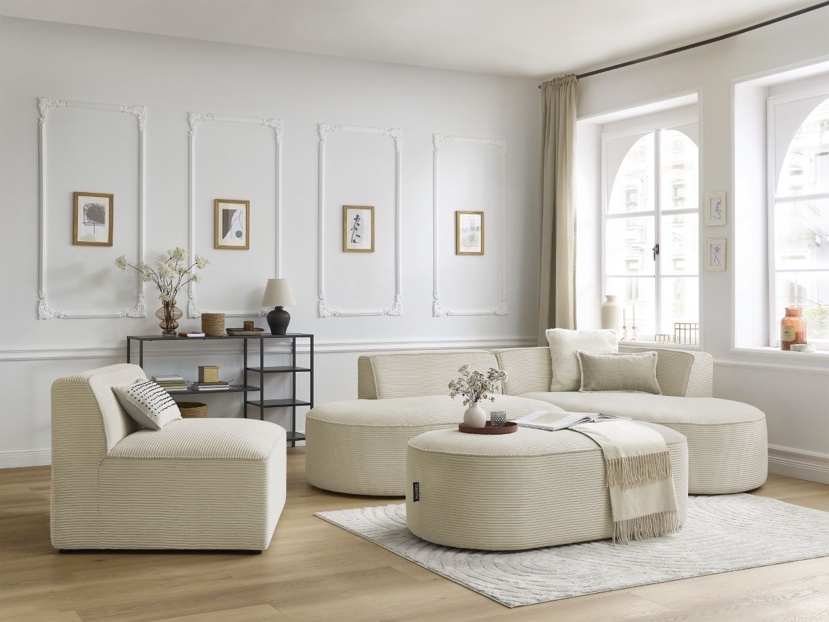 Bobochic Rousseau Ecksofa mit Sofamodul und Pouf Cordsamt Beige Ecke rechts
