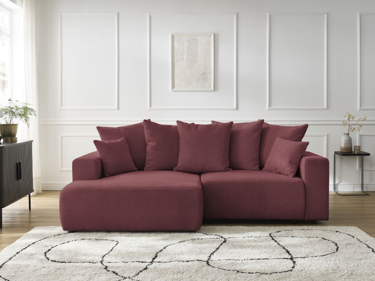 Bobochic Atilla Ecksofa mit Schlaffunktion und Bettkasten Melange-Stoff Rot Ecke links