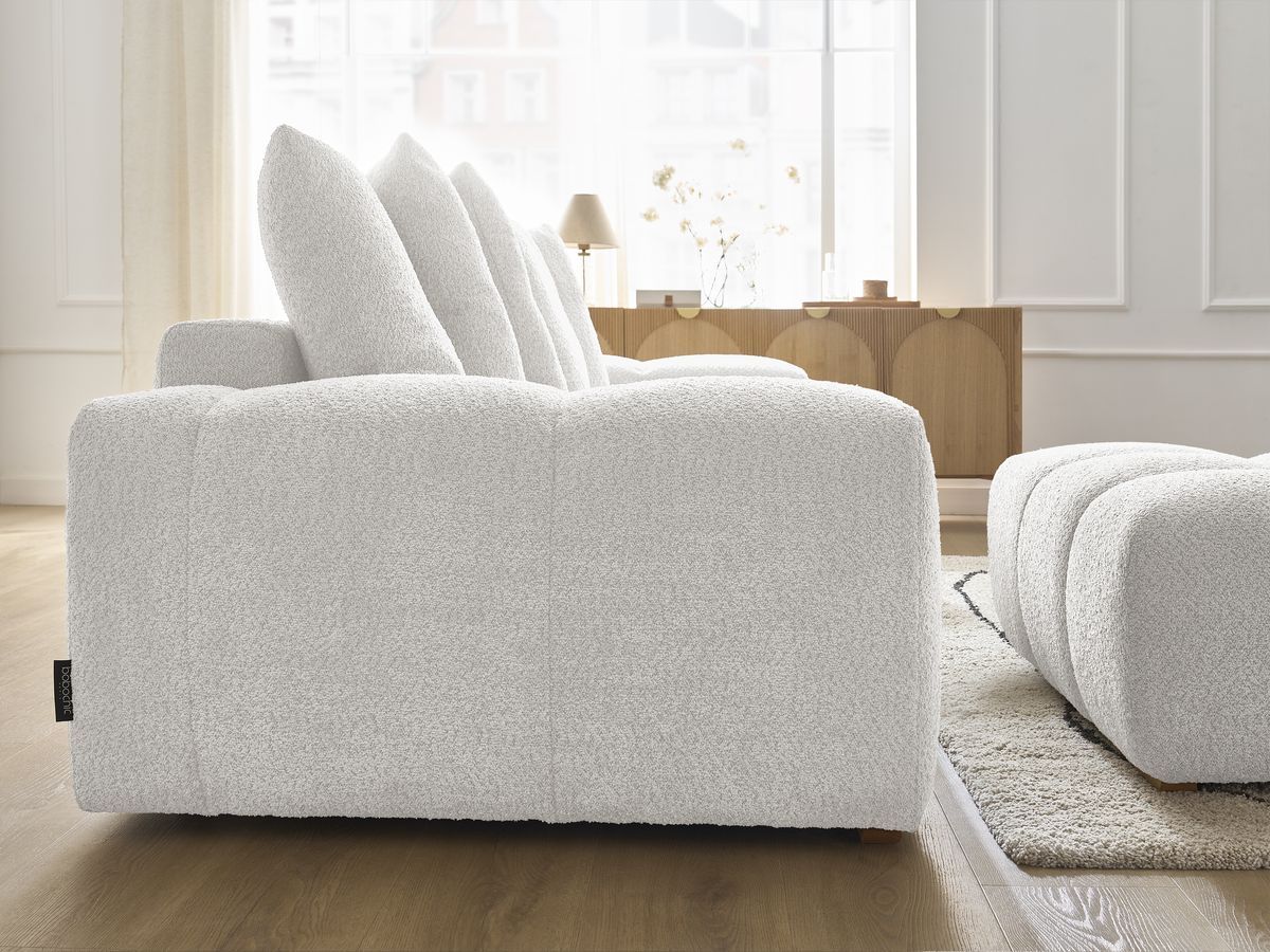 Bobochic Anakin Sofa 3-Sitzer mit Pouf, 6 Kissen Bouclé-Stoff Weiß