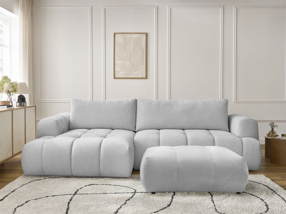 Bobochic Fuji Ecksofa mit Schlaffunktion und Bettkasten und Pouf 292 × 160 cm Stoff Hellgrau Ecke links