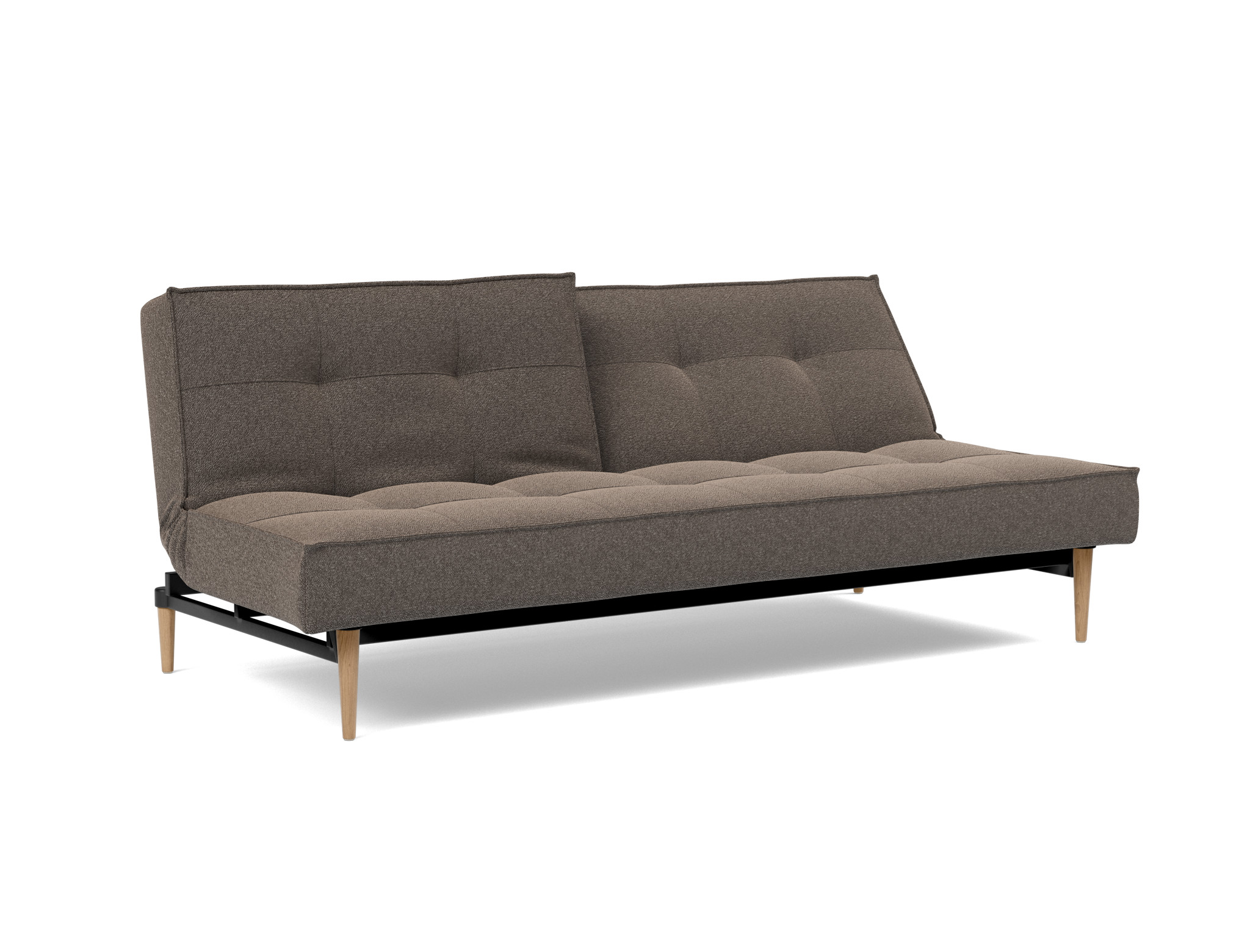 Schlafsofa Splitback Boucle Skandi 530-Taupe Beine Styletto Eiche hell
