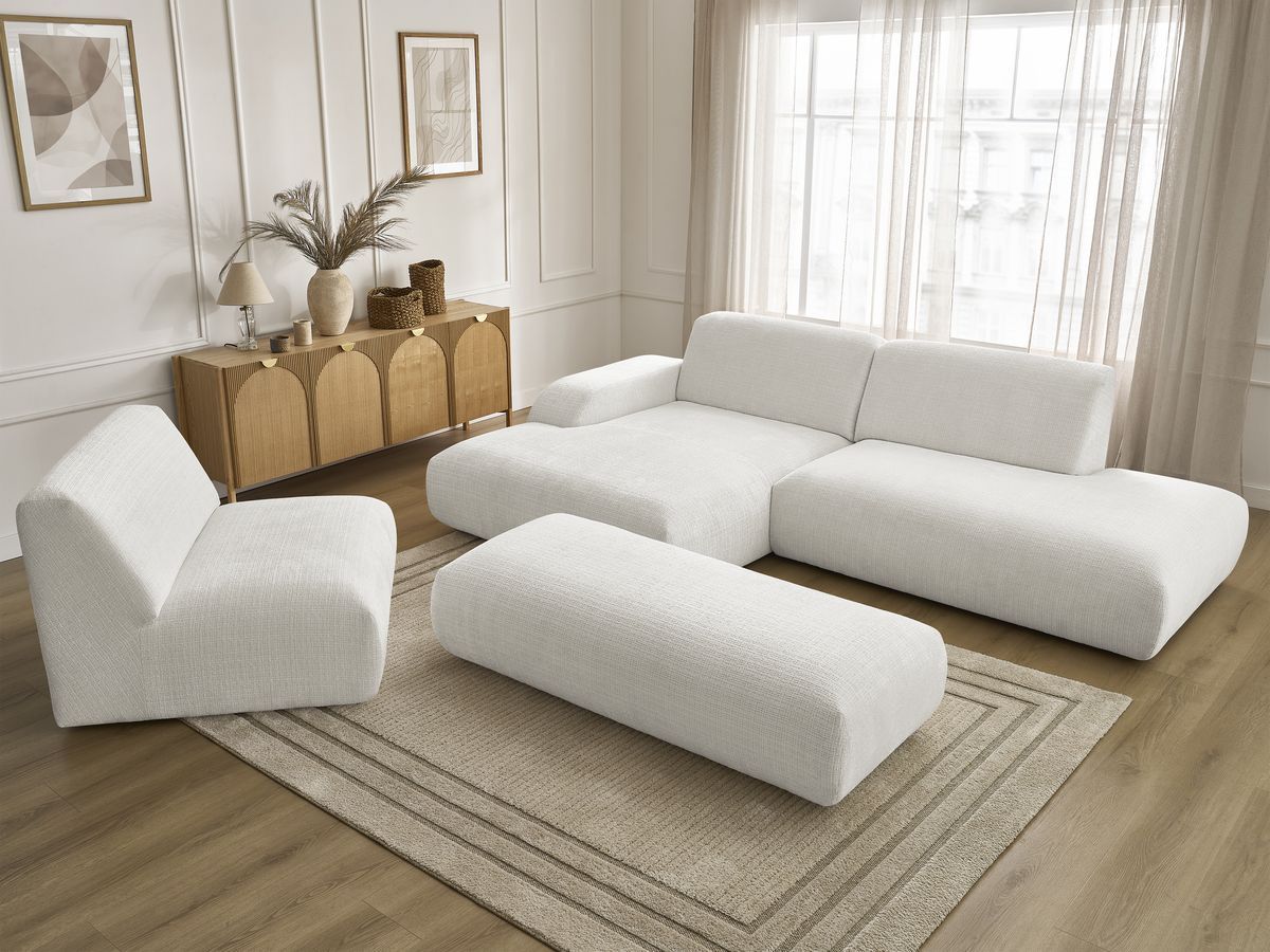Bobochic Sirius Ecksofa mit Pouf 405 × 170 cm Strukturstoff Weiß Ecke links