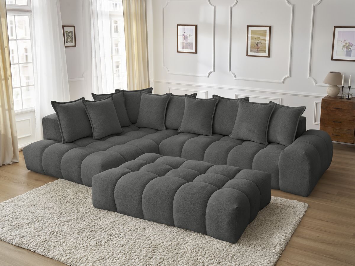 Bobochic Everest Ecksofa mit Schlaffunktion und Pouf, 10 Kissen Melange-Stoff Dunkelgrau Ecke links