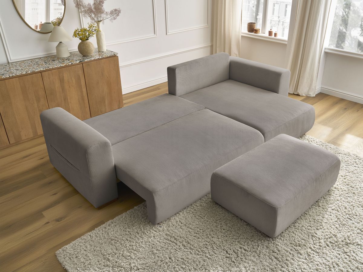 Bobochic Sidonie Ecksofa mit Schlaffunktion und Bettkasten und Pouf Cordsamt Taupe