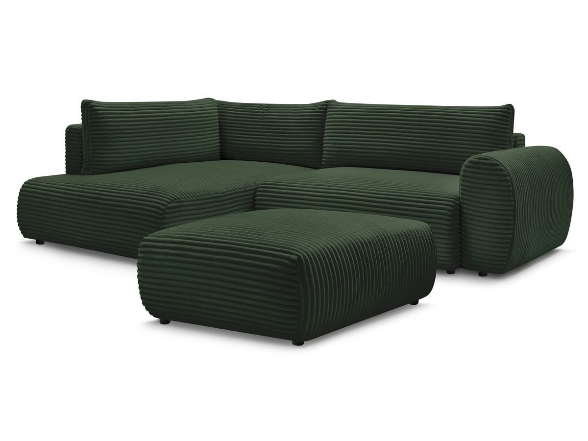 Bobochic Lucien Ecksofa mit Schlaffunktion und Bettkasten und Pouf 296 × 198 cm Breitcord weich Grün Ecke links