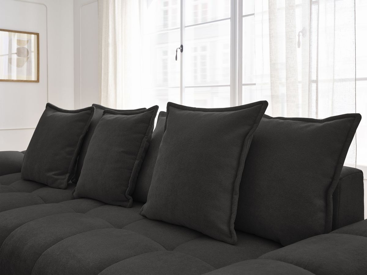 Bobochic Everest Ecksofa mit Schlaffunktion und Bettkasten und Pouf 318 × 180 cm, 7 Kissen Strukturstoff Schwarz Ecke links