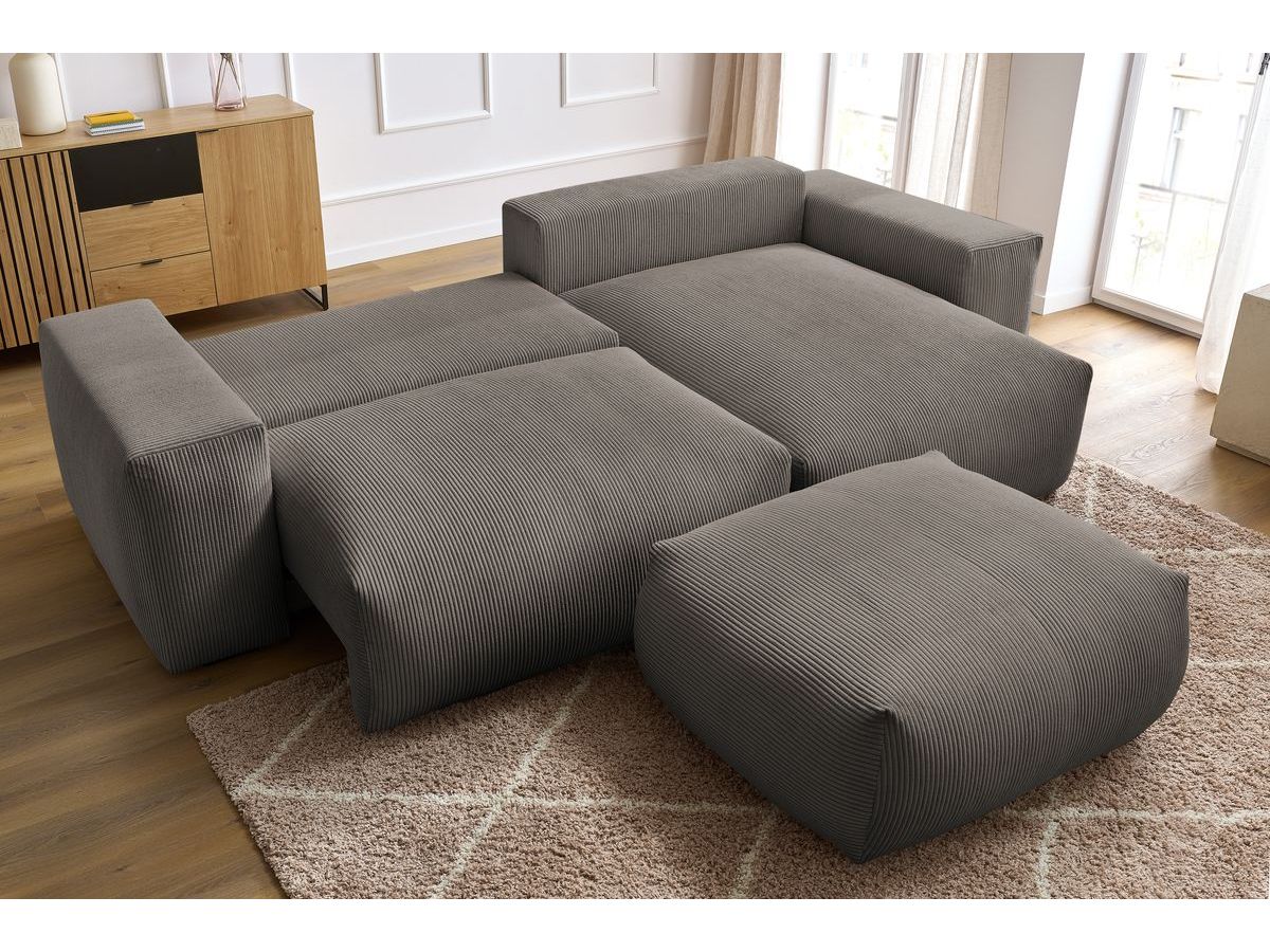 Bobochic Voltaire Ecksofa mit Schlaffunktion und Bettkasten und Pouf Cordsamt Taupe