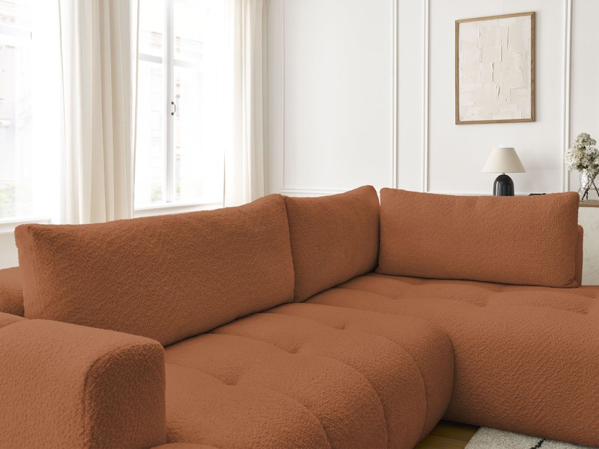 Bobochic Fuji Ecksofa mit Schlaffunktion und Bettkasten 282 × 204 cm Bouclé-Stoff Orange Ecke rechts
