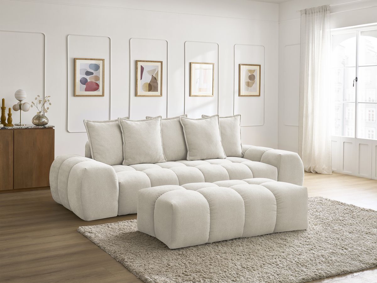 Bobochic Everest Sofa 3-Sitzer mit Pouf, 5 Kissen Strukturstoff Beige