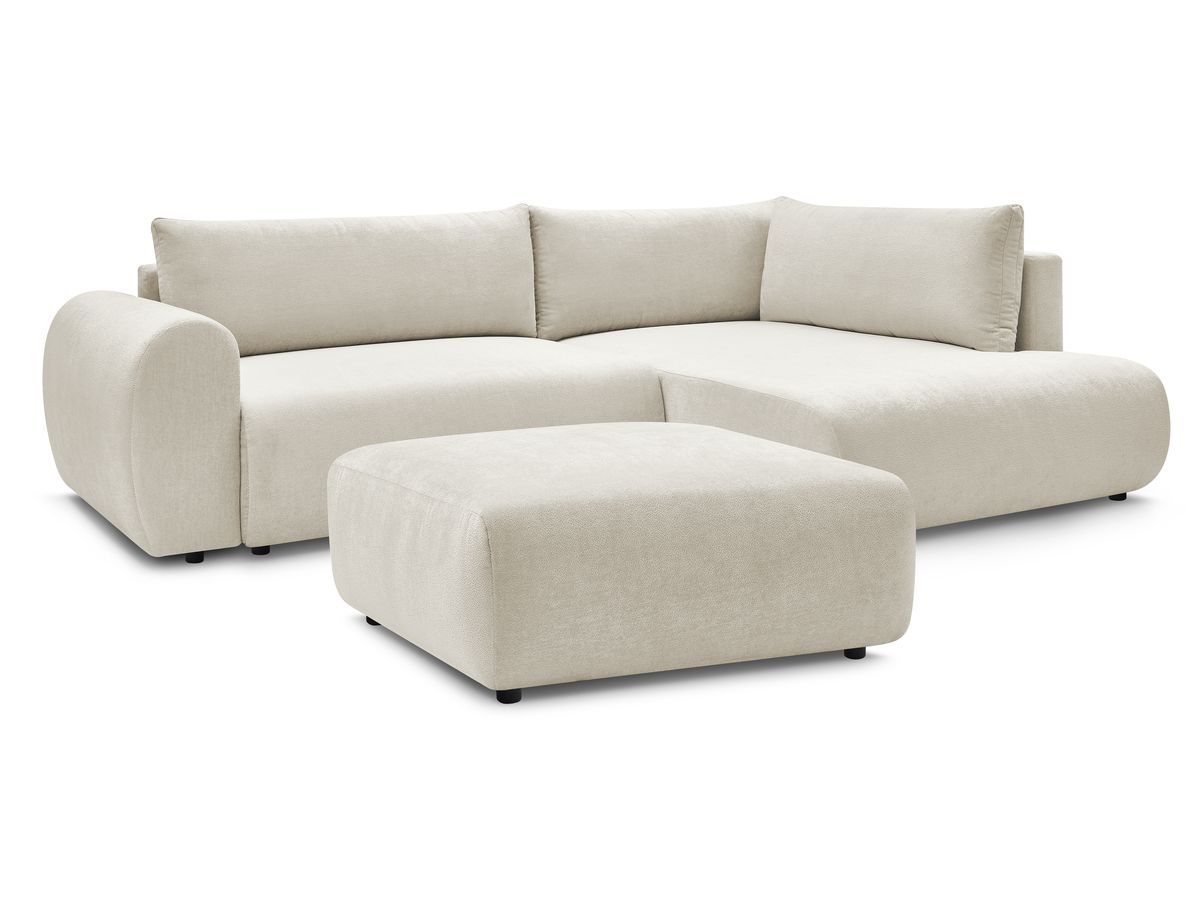 Bobochic Lucien Ecksofa mit Schlaffunktion und Bettkasten und Pouf 296 × 198 cm Stoff Beige Ecke rechts
