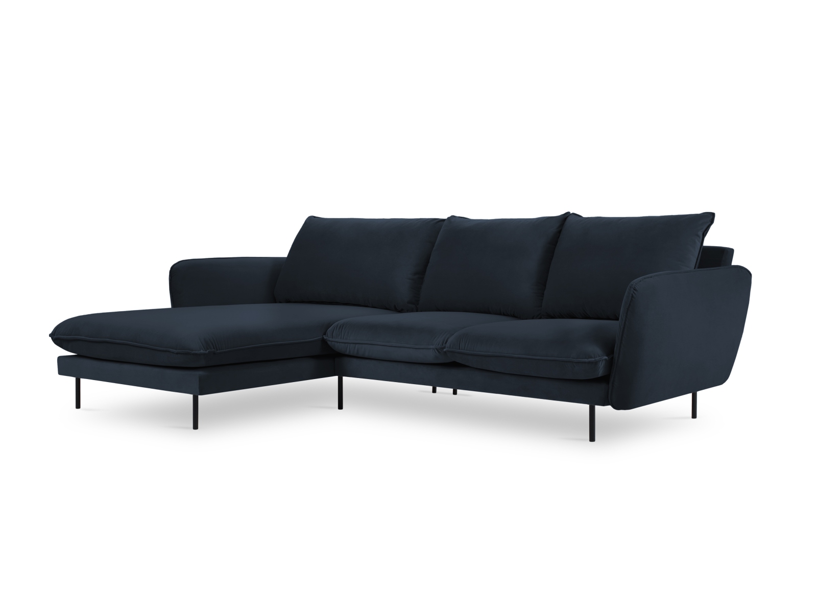Cosmopolitan Design Ecksofa Vienna 5-Sitzer Samt Bluvel Dunkelblau Links Beine Schwarzes Metall