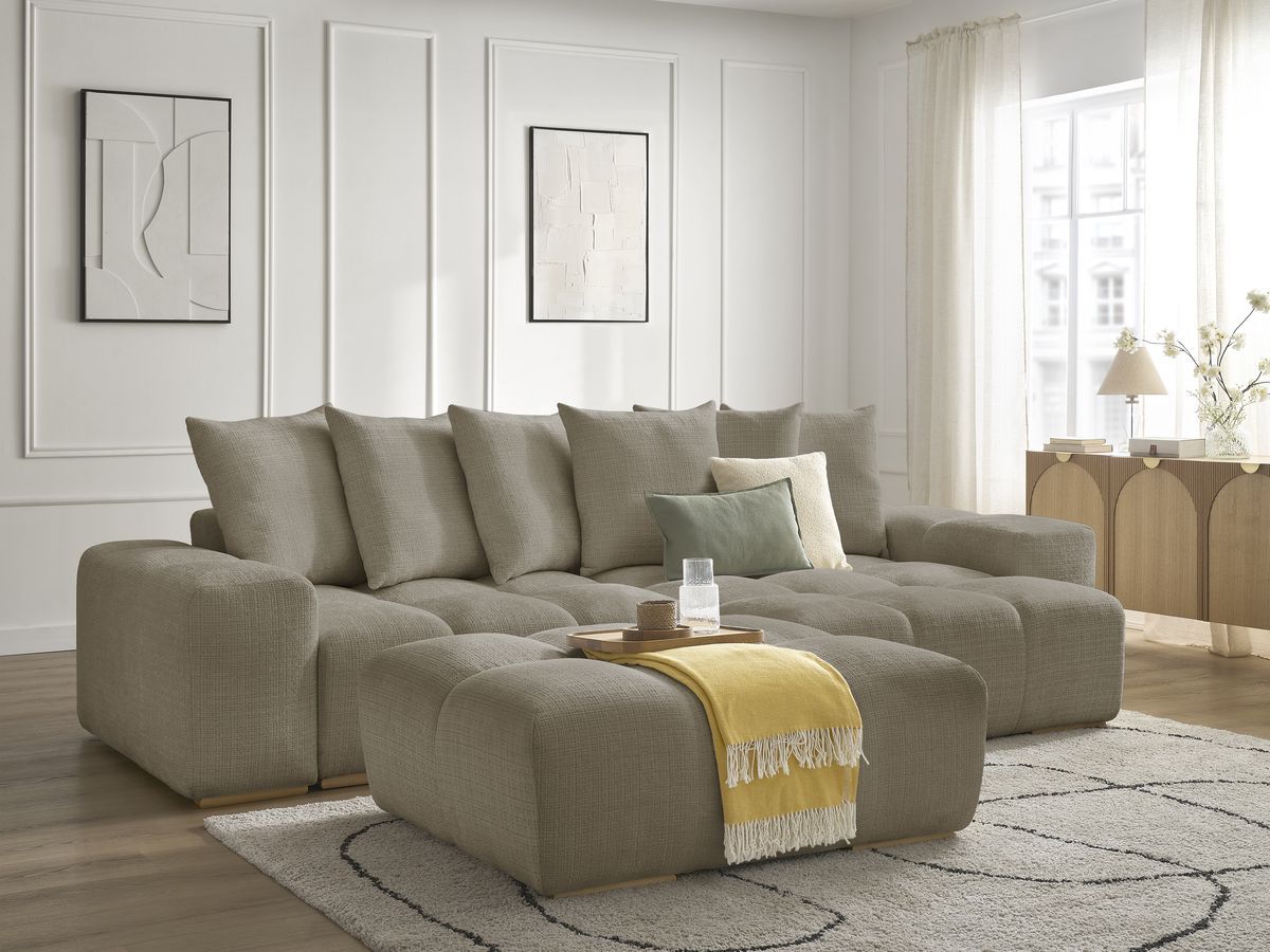 Bobochic Anakin Ecksofa mit Schlaffunktion und Bettkasten und Pouf, 6 Kissen Strukturstoff Taupe