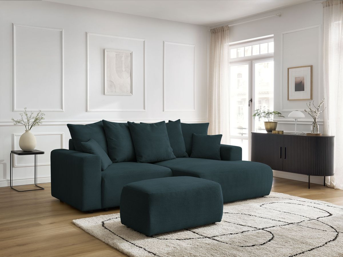 Bobochic Atilla Ecksofa mit Schlaffunktion und Bettkasten und Pouf Cordsamt Dunkelblau Ecke rechts
