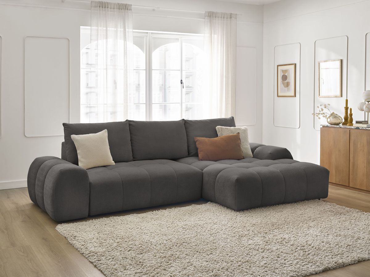 Bobochic Everest Ecksofa mit Schlaffunktion und Bettkasten 318 × 180 cm, 3 Kissen Strukturstoff Dunkelgrau Ecke rechts