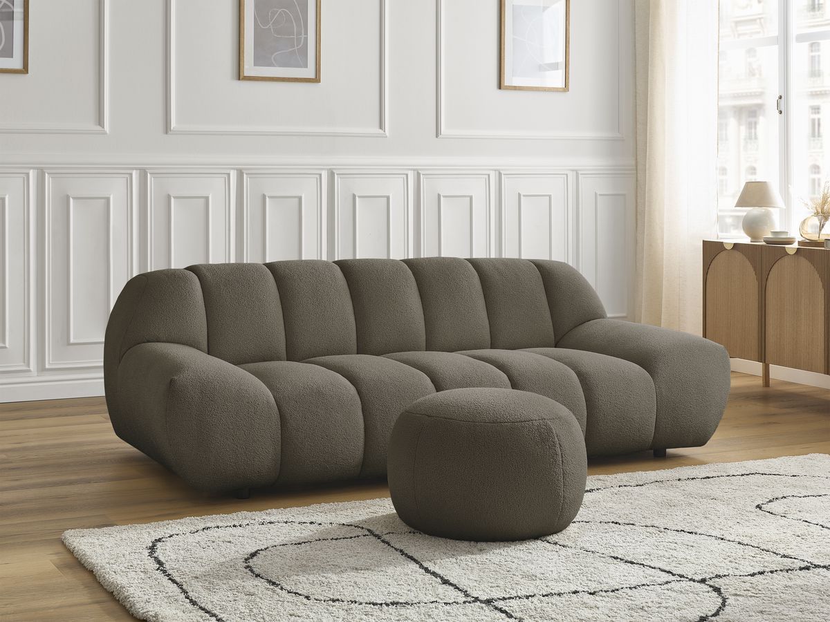 Bobochic Hayden Sofa 3-Sitzer mit Pouf 226 × 107 cm Bouclé-Stoff Braun