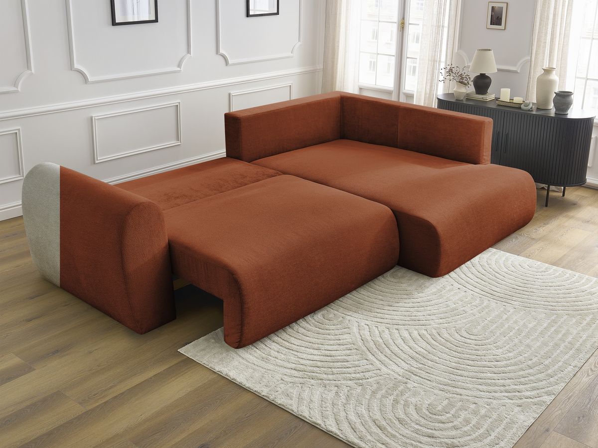 Bobochic Lucien Ecksofa mit Schlaffunktion und Bettkasten 296 × 198 cm Stoff Orange Ecke rechts
