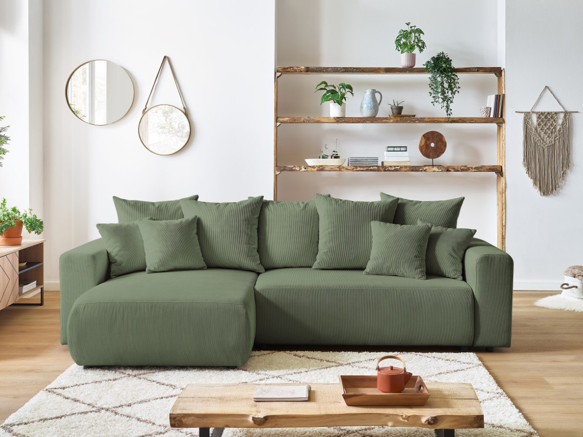 Bobochic Envy Ecksofa mit Schlaffunktion und Bettkasten Cordsamt Grün