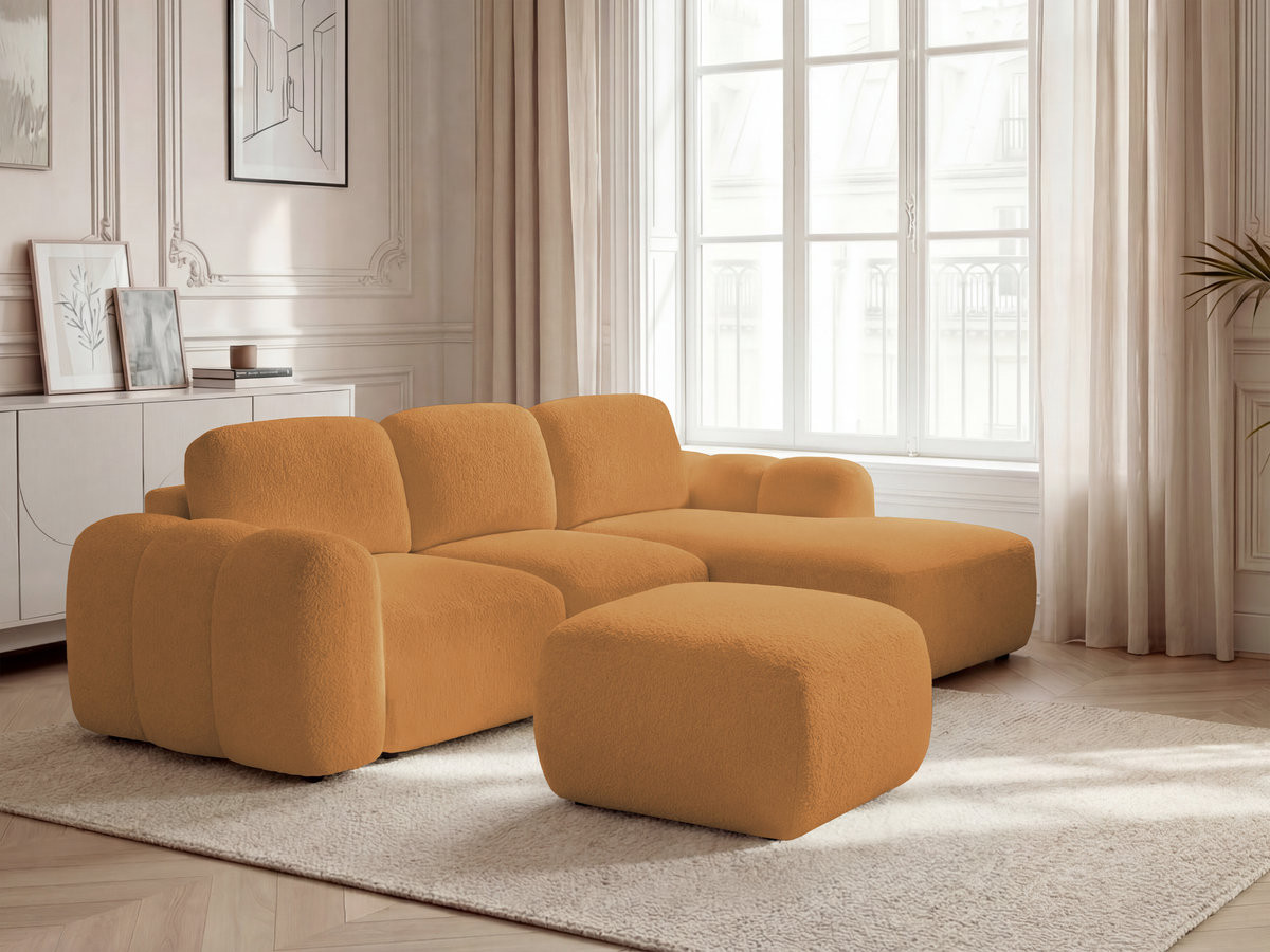 Bobochic Montaigne Ecksofa mit Schlaffunktion und Bettkasten und Pouf 276 × 164 cm Bouclé-Stoff Gelb Ecke rechts