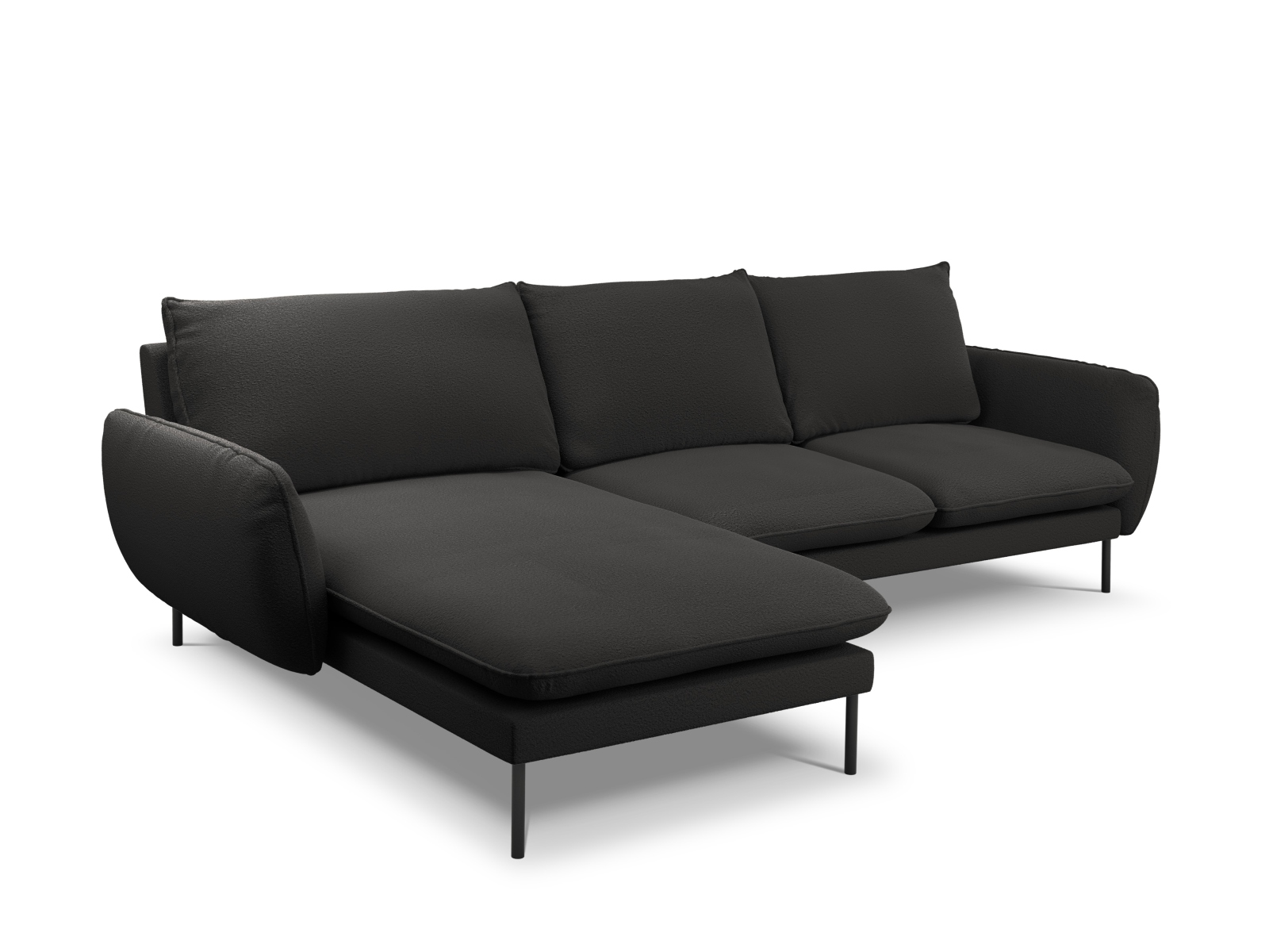 Cosmopolitan Design Ecksofa Vienna 5-Sitzer Boucle Ascot Schwarz Links Beine Schwarzes Metall