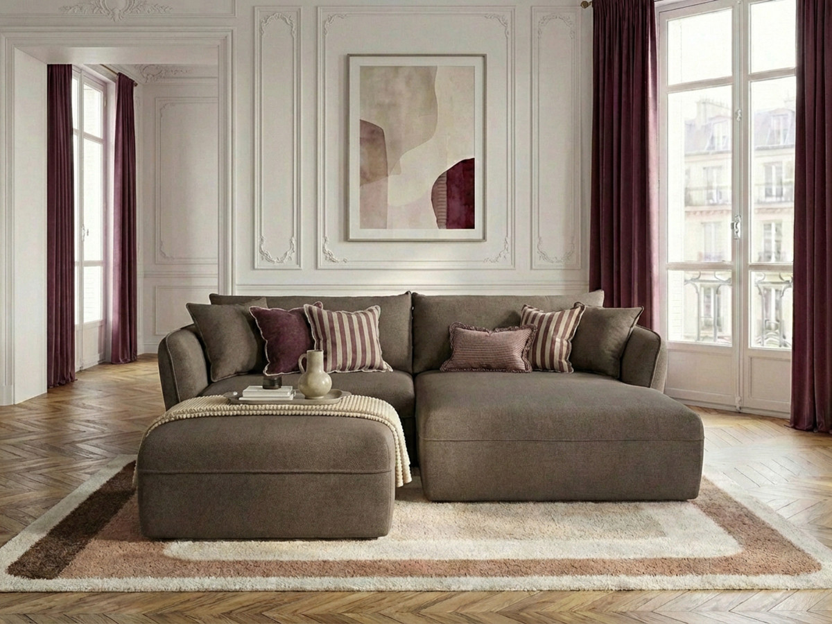 Bobochic Luigi Ecksofa mit Pouf Strukturstoff Taupe Ecke rechts