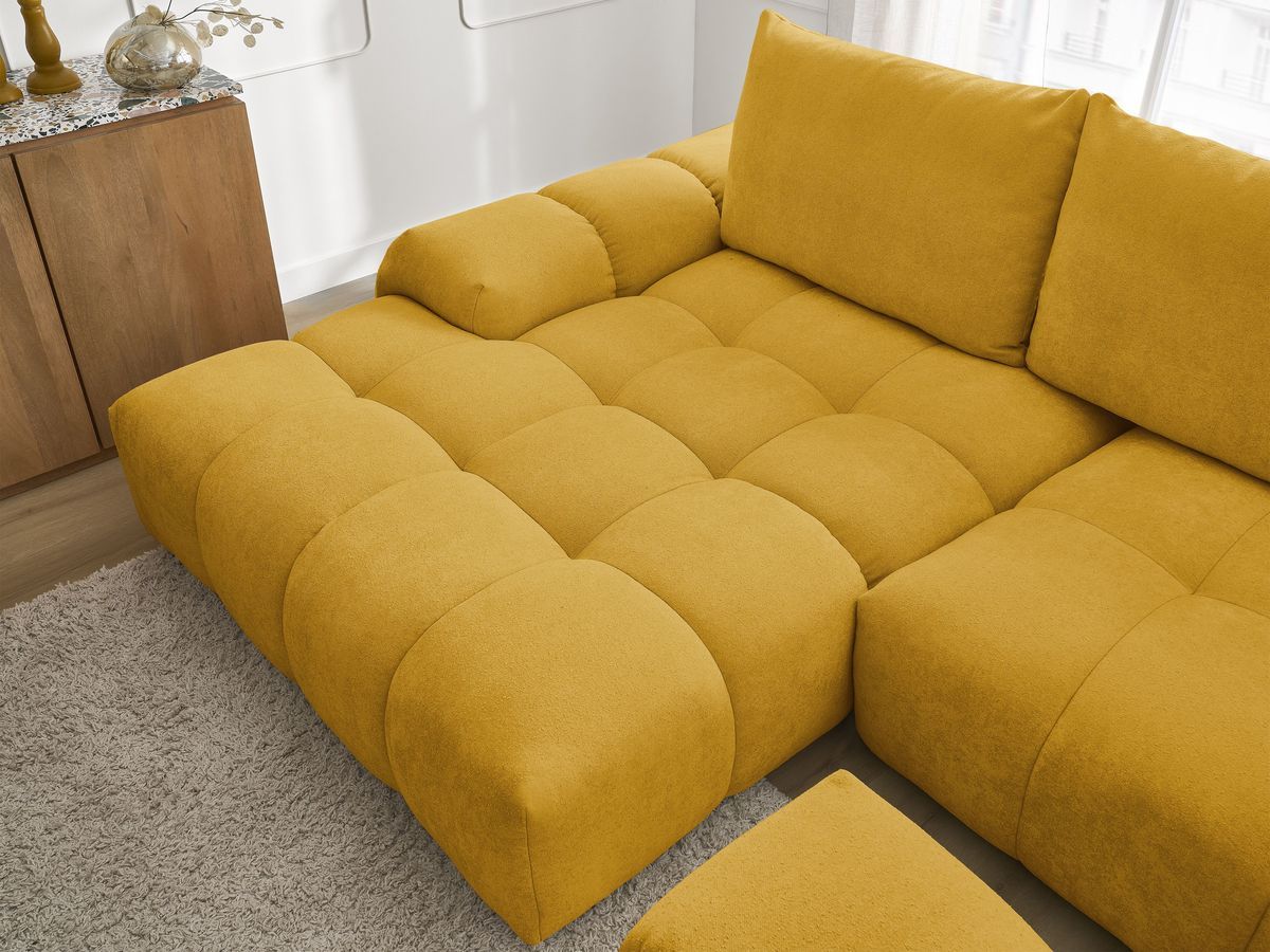 Bobochic Everest Ecksofa mit Schlaffunktion und Bettkasten und Pouf 318 × 180 cm, 3 Kissen Strukturstoff Gelb Ecke links