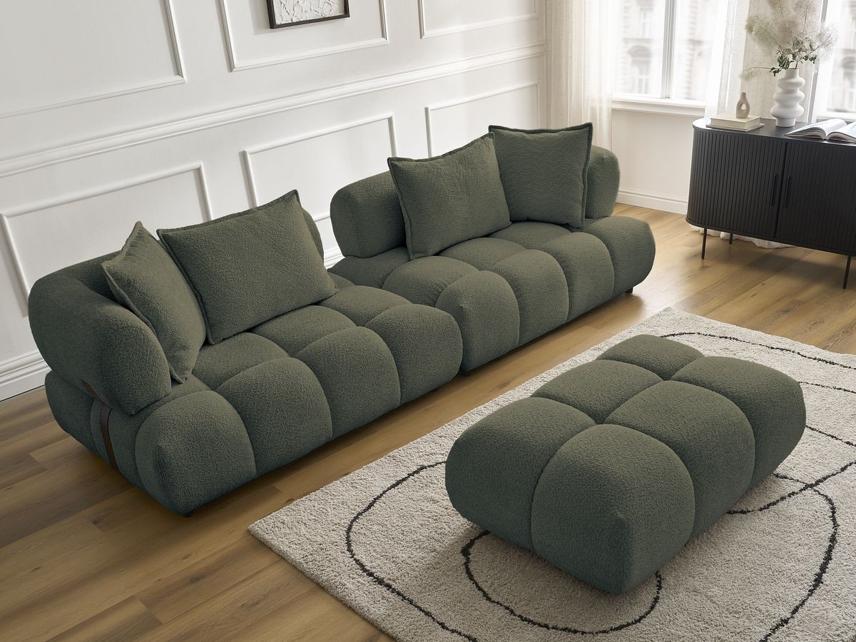 Bobochic Alya Sofa 4-Sitzer mit Pouf Bouclé-Stoff Grün