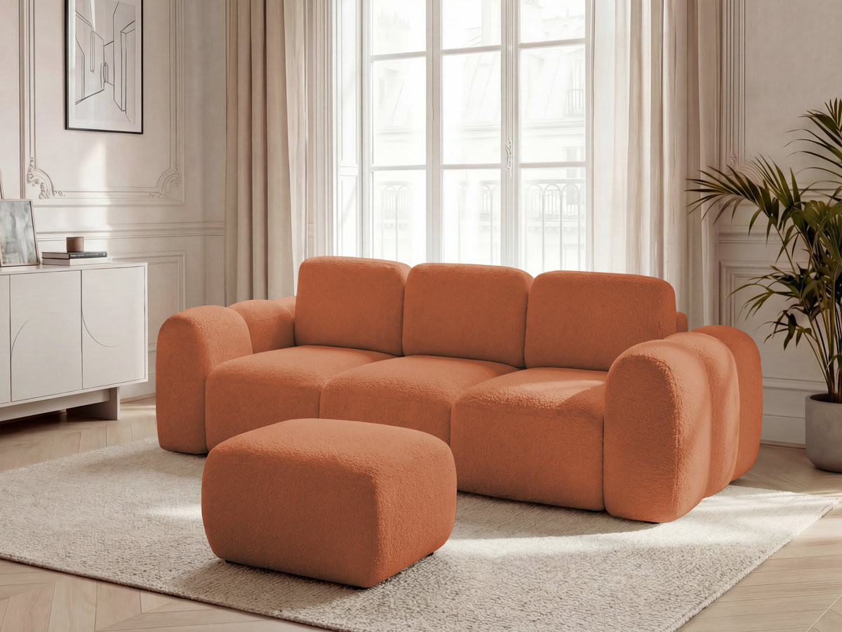 Bobochic Montaigne Schlafsofa 3-Sitzer mit Bettkasten und Pouf Bouclé-Stoff Orange