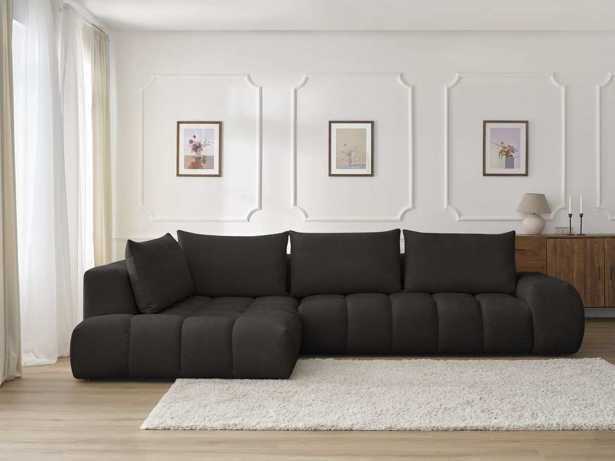 Bobochic Everest Ecksofa, 4 Kissen Strukturstoff Schwarz Ecke links