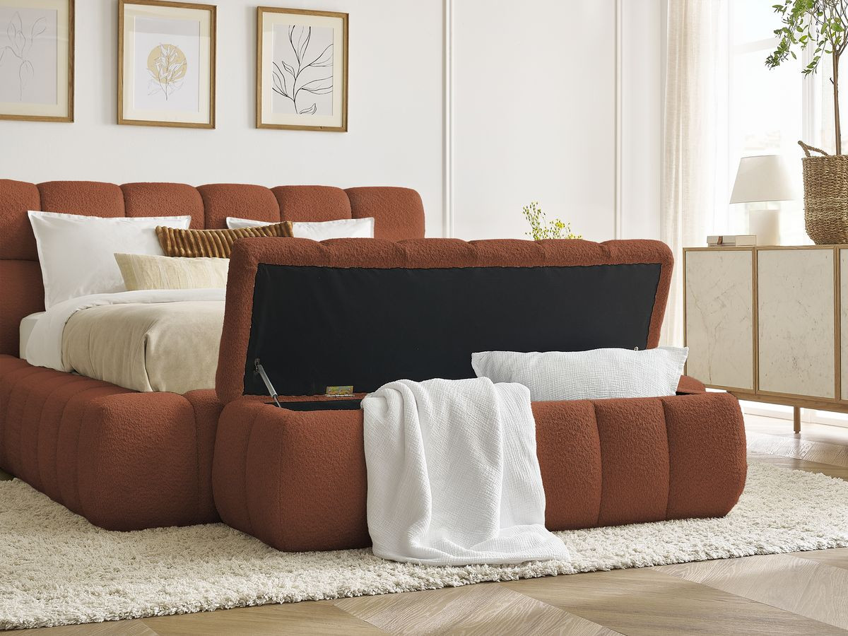 Bobochic Mont-blanc Polsterbett mit Bettkasten mit Bettbank Bouclé-Stoff Orange, Liegefläche 160 × 200 cm