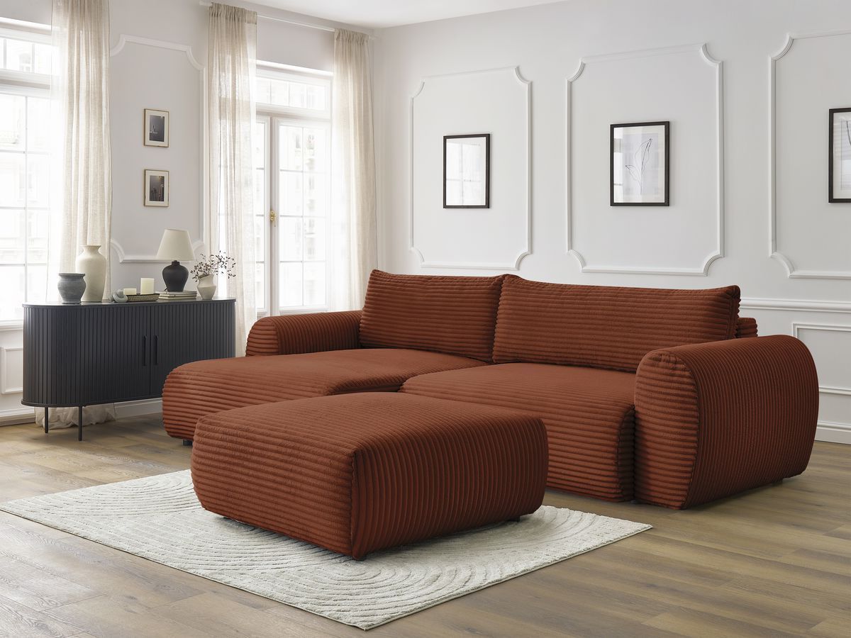 Bobochic Lucien Ecksofa mit Schlaffunktion und Bettkasten und Pouf 314 × 167 cm Breitcord weich Orange Ecke links