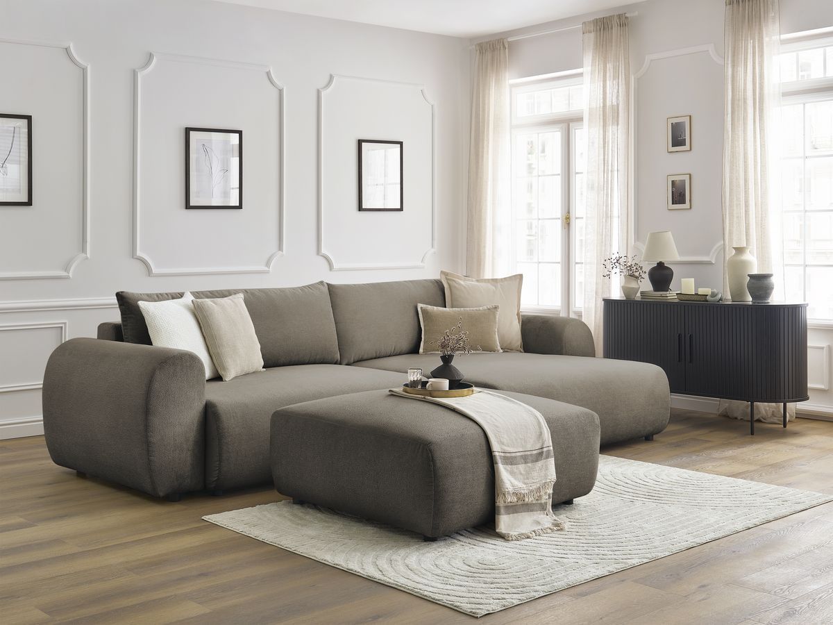 Bobochic Lucien Ecksofa mit Schlaffunktion und Bettkasten und Pouf 314 × 167 cm Stoff Taupe Ecke rechts