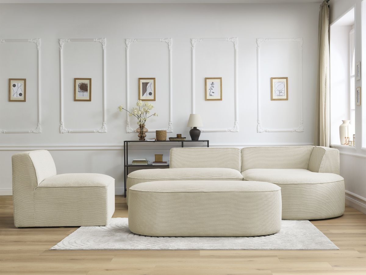 Bobochic Rousseau Ecksofa mit Sofamodul und Pouf Cordsamt Beige Ecke rechts