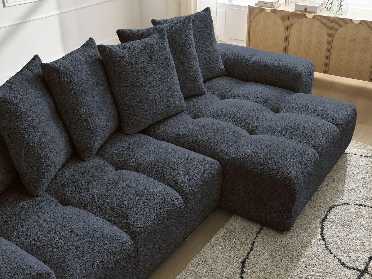 Bobochic Anakin Ecksofa, 6 Kissen Bouclé-Stoff Dunkelblau