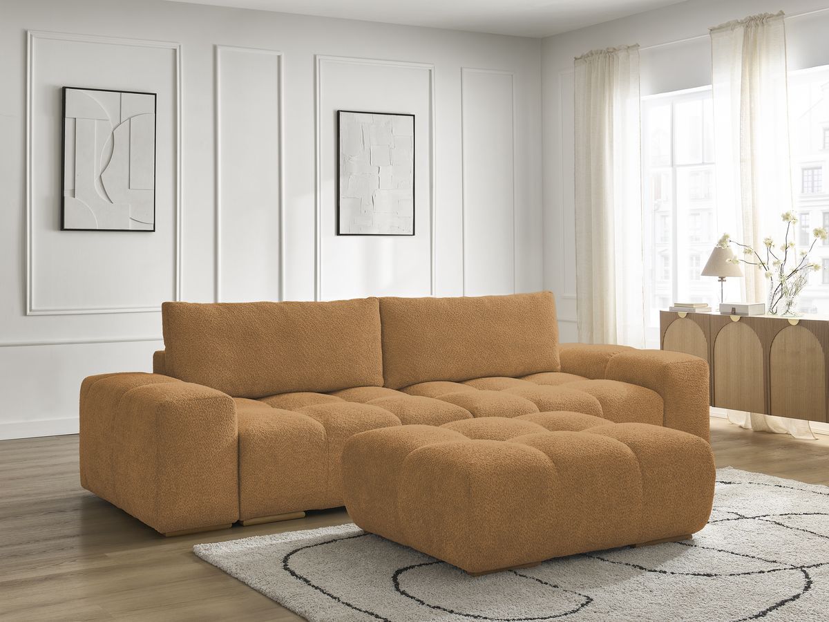 Bobochic Anakin Sofa 3-Sitzer mit Pouf, 2 Kissen Bouclé-Stoff Gelb
