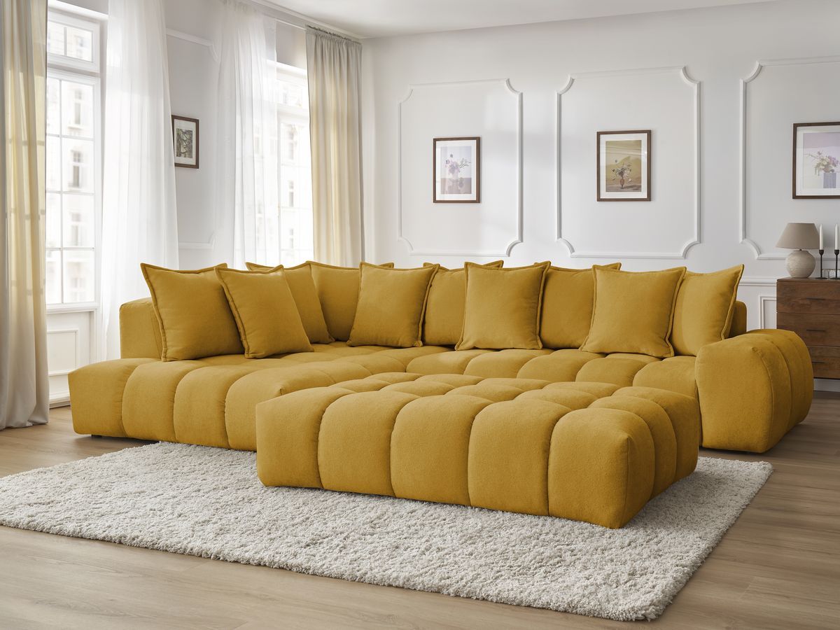 Bobochic Everest Ecksofa mit Schlaffunktion und Pouf, 10 Kissen Strukturstoff Gelb Ecke links