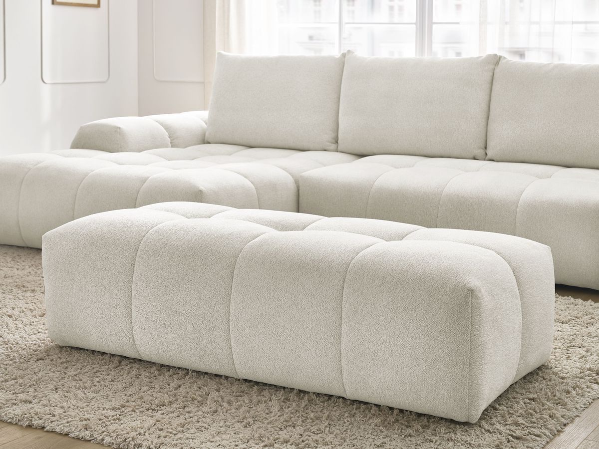 Bobochic Everest Ecksofa mit Schlaffunktion und Bettkasten und Pouf 318 × 180 cm, 3 Kissen Melange-Stoff Weiß Ecke links